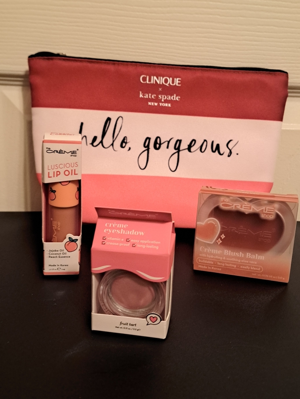Clinique x Kate Spade Pink Cosmetic Pouch with The Creme Shop cosmetic trio. New
